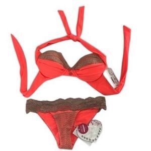 NWT Beach Bunny Coral Nude Big Girls Dont Cry Push Up Lace Bikini Set Top Size S